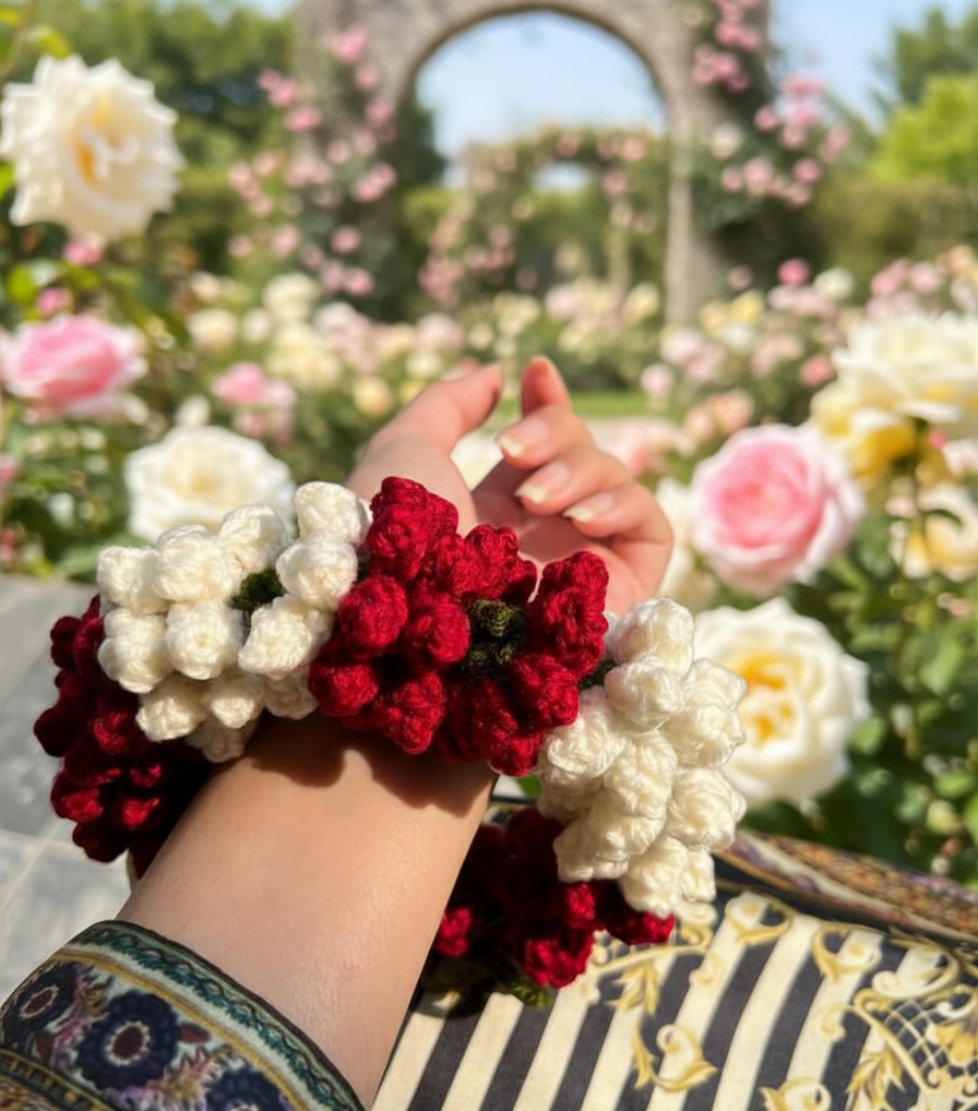 Handmade Crochet Flower Hand Gajra – Wool Floral Bracelet for Weddings & Festive Wear