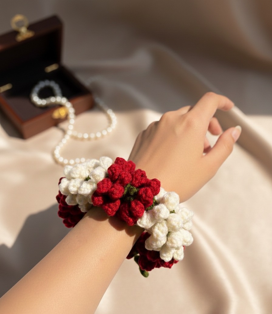 Handmade Crochet Flower Hand Gajra – Wool Floral Bracelet for Weddings & Festive Wear