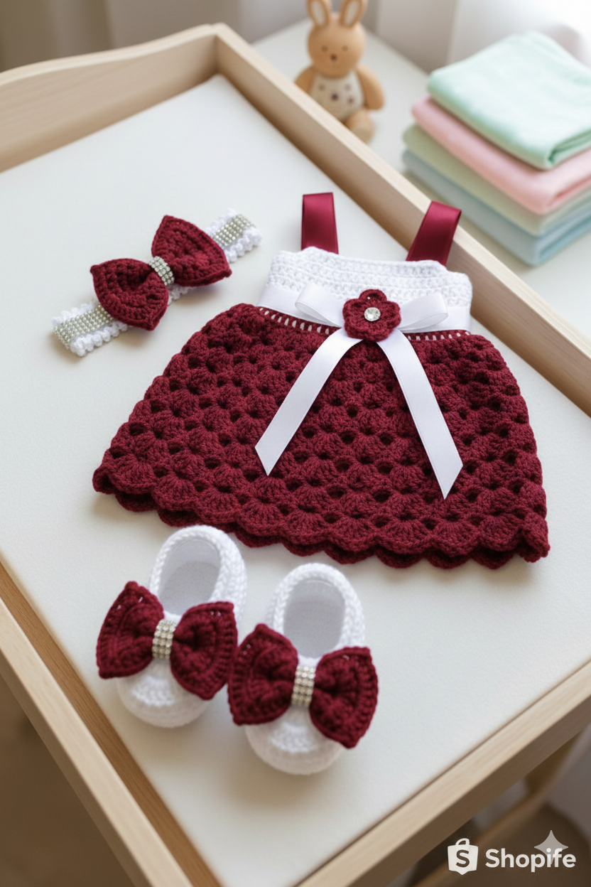 Handmade Baby Crochet Dress Set - 3-Piece Outfit (Dress, Headband & Booties)
