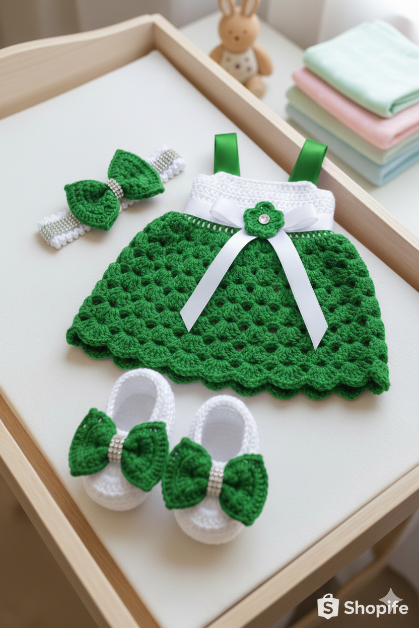 Handmade Baby Crochet Dress Set - 3-Piece Outfit (Dress, Headband & Booties)