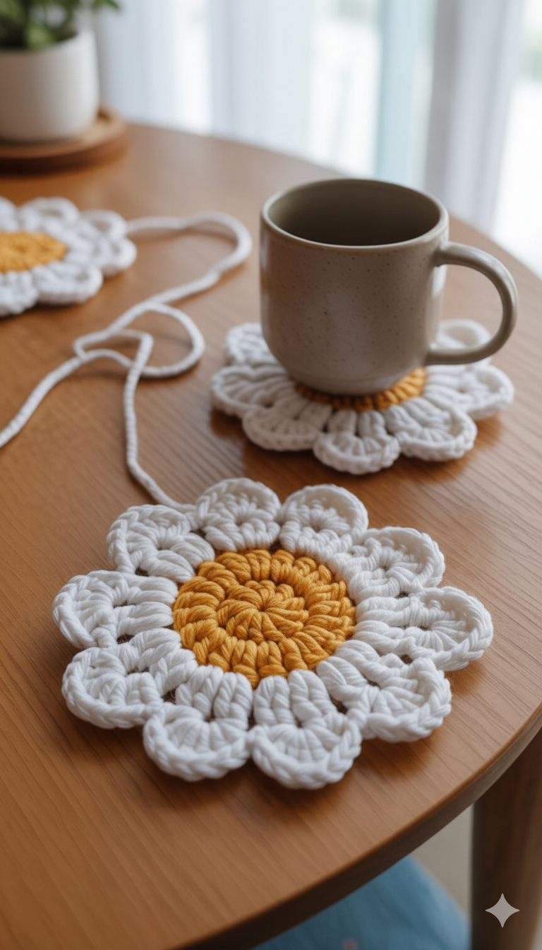 7-Pc Handmade Daisy Crochet Coaster Set - 6 Cup Mats & 1 Teapot Base