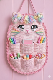 Handmade Crochet Cat Wall Hanging Organizer – Aesthetic Nursery & Stationary Holder