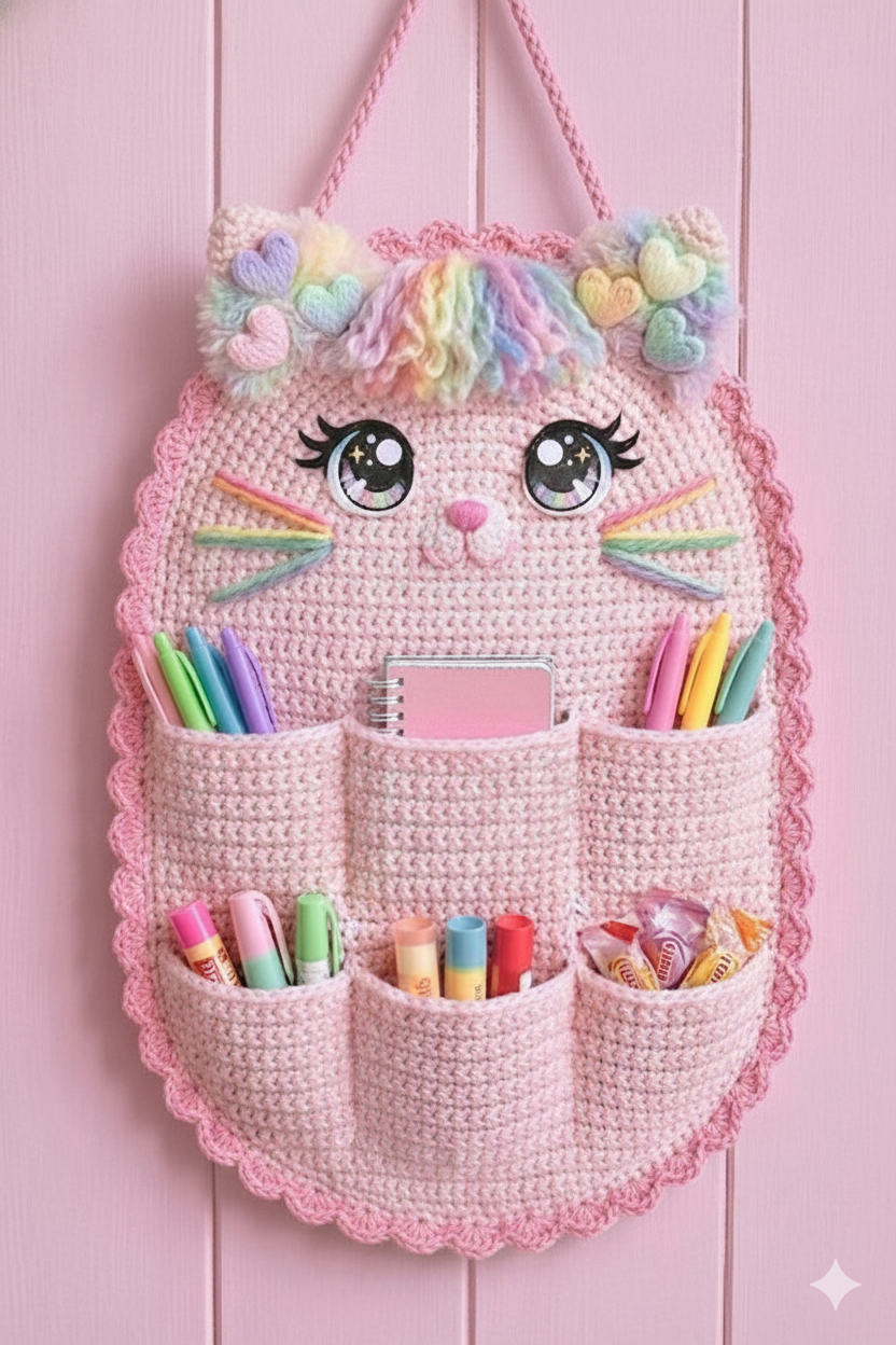 Handmade Crochet Cat Wall Hanging Organizer – Aesthetic Nursery & Stationary Holder