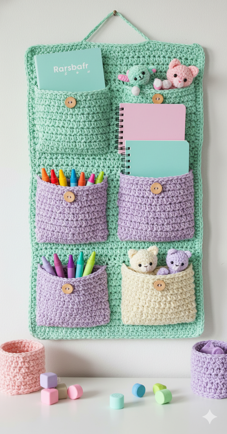 Handmade Crochet Wall Organizer for Kids – 24 x 14 Inch