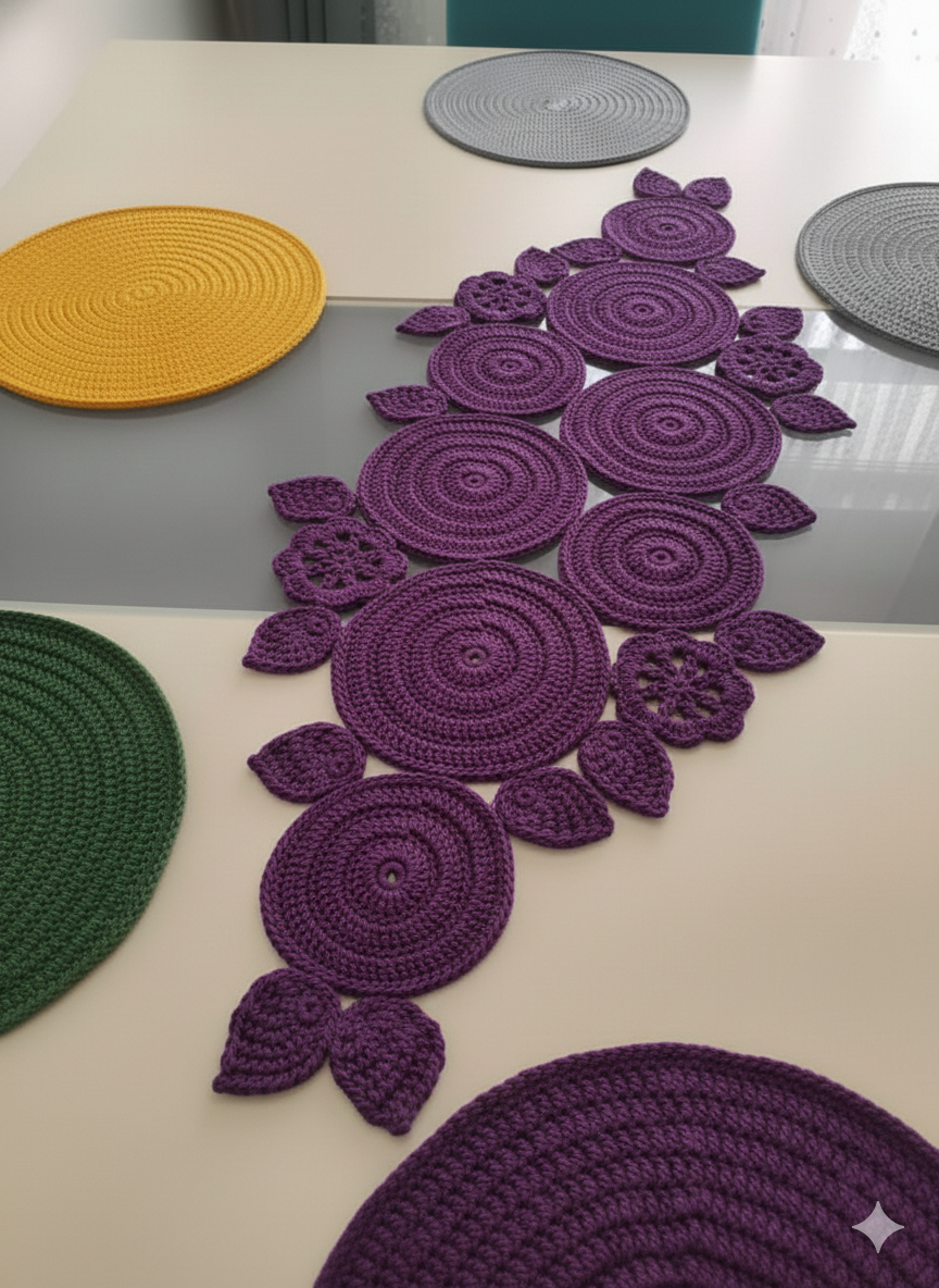 Elegant Hand-Crochet Table Runner Set - Circular Floral Motif Table Decor for Dining & Living Room