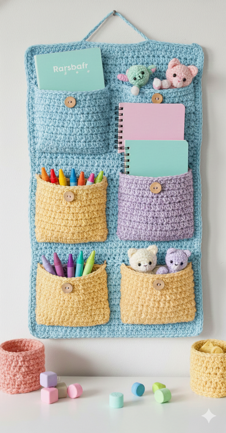 Handmade Crochet Wall Organizer for Kids – 24 x 14 Inch