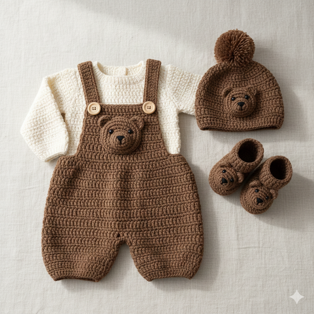 Handmade Crochet Baby Teddy Bear Outfit Set – Overalls, Sweater, Hat & Booties | Premium Newborn Gift