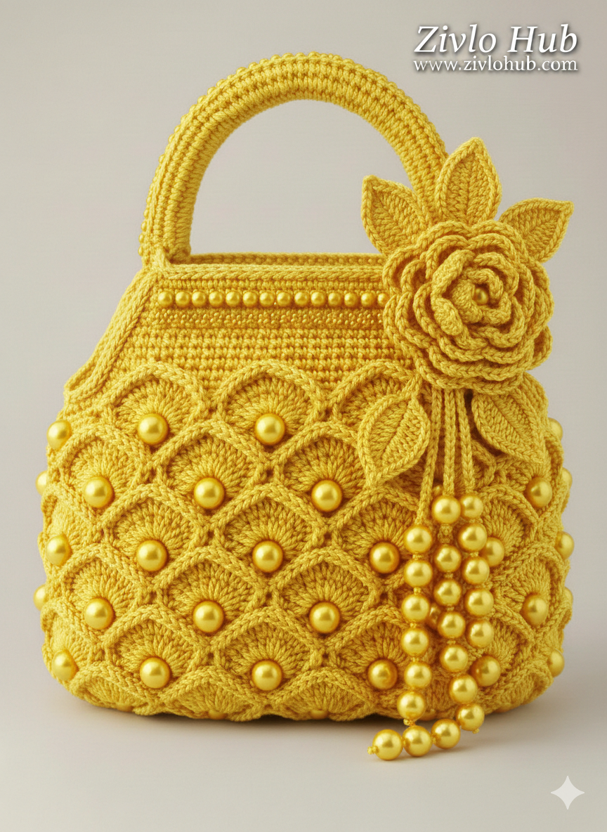 Vintage Style Knitted Shell Stitch Bag with Pearls & 3D Flower Detail