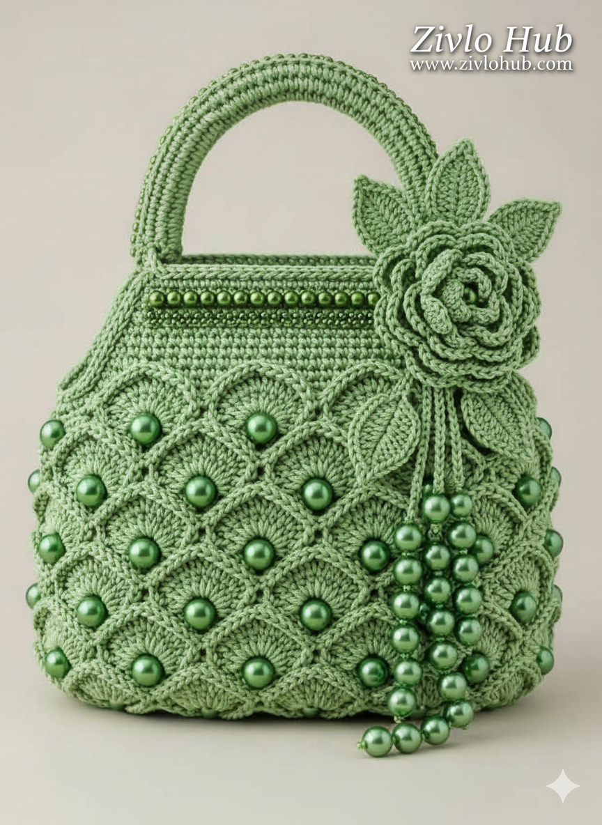 Vintage Style Knitted Shell Stitch Bag with Pearls & 3D Flower Detail