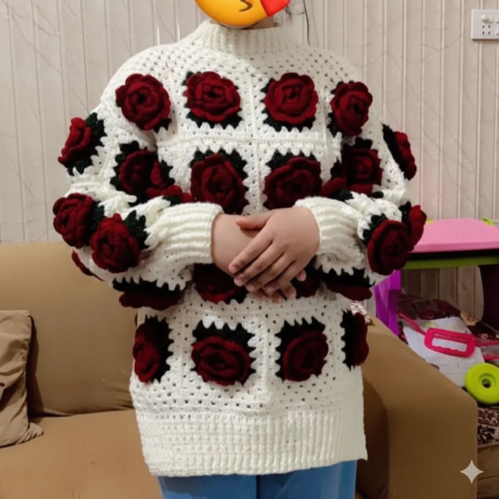 Stylish Handmade Crochet Girl Sweater – 100% Pure Wool Cozy Knit