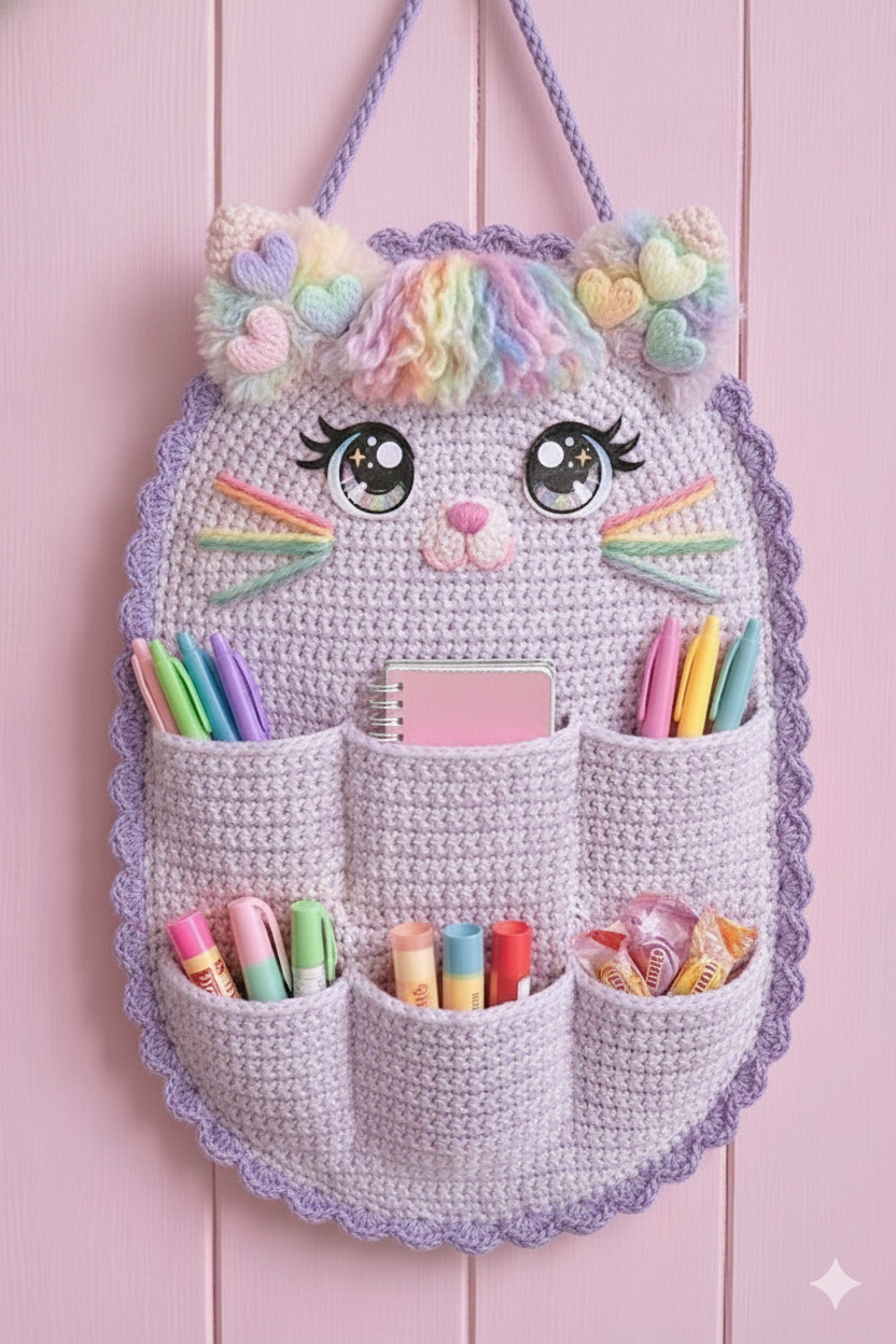 Handmade Crochet Cat Wall Hanging Organizer – Aesthetic Nursery & Stationary Holder