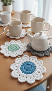 7-Pc Handmade Daisy Crochet Coaster Set - 6 Cup Mats & 1 Teapot Base
