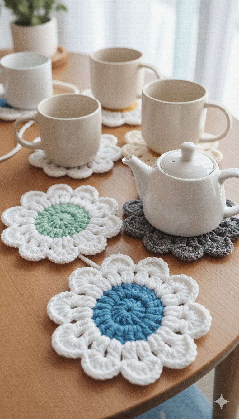 7-Pc Handmade Daisy Crochet Coaster Set - 6 Cup Mats & 1 Teapot Base