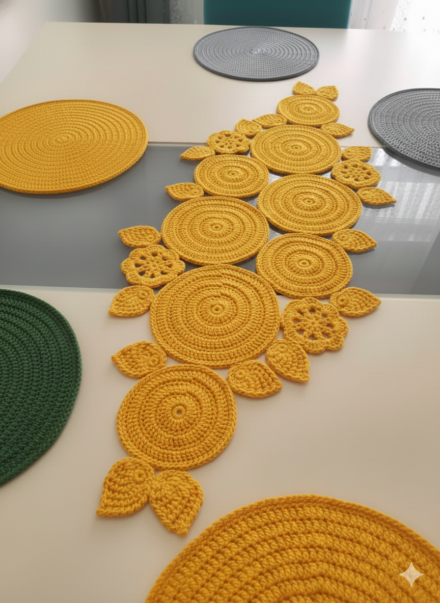 Elegant Hand-Crochet Table Runner Set - Circular Floral Motif Table Decor for Dining & Living Room