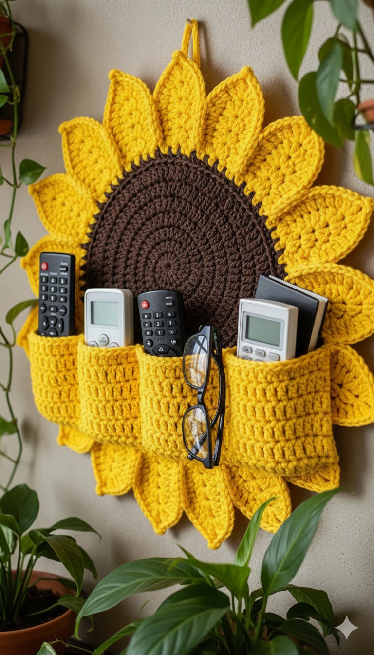 Handmade Sunflower Crochet Wall Hanging Organizer – for Living Room & Bedroom Decor