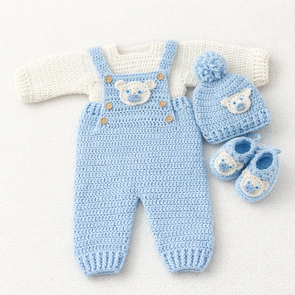 Handmade Crochet Baby Teddy Bear Outfit Set – Overalls, Sweater, Hat & Booties | Premium Newborn Gift